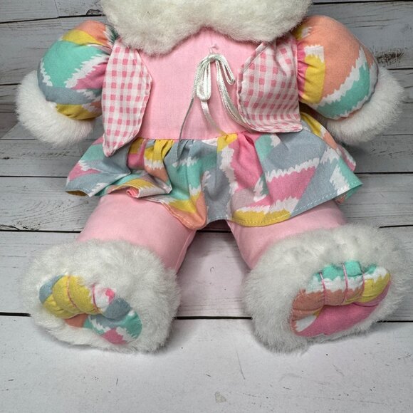 Vintage Plush Bunny Rabbit Doll 14" Pastel Rainbow Dress Gingham Bow Easter Toy - Picture 4 of 8